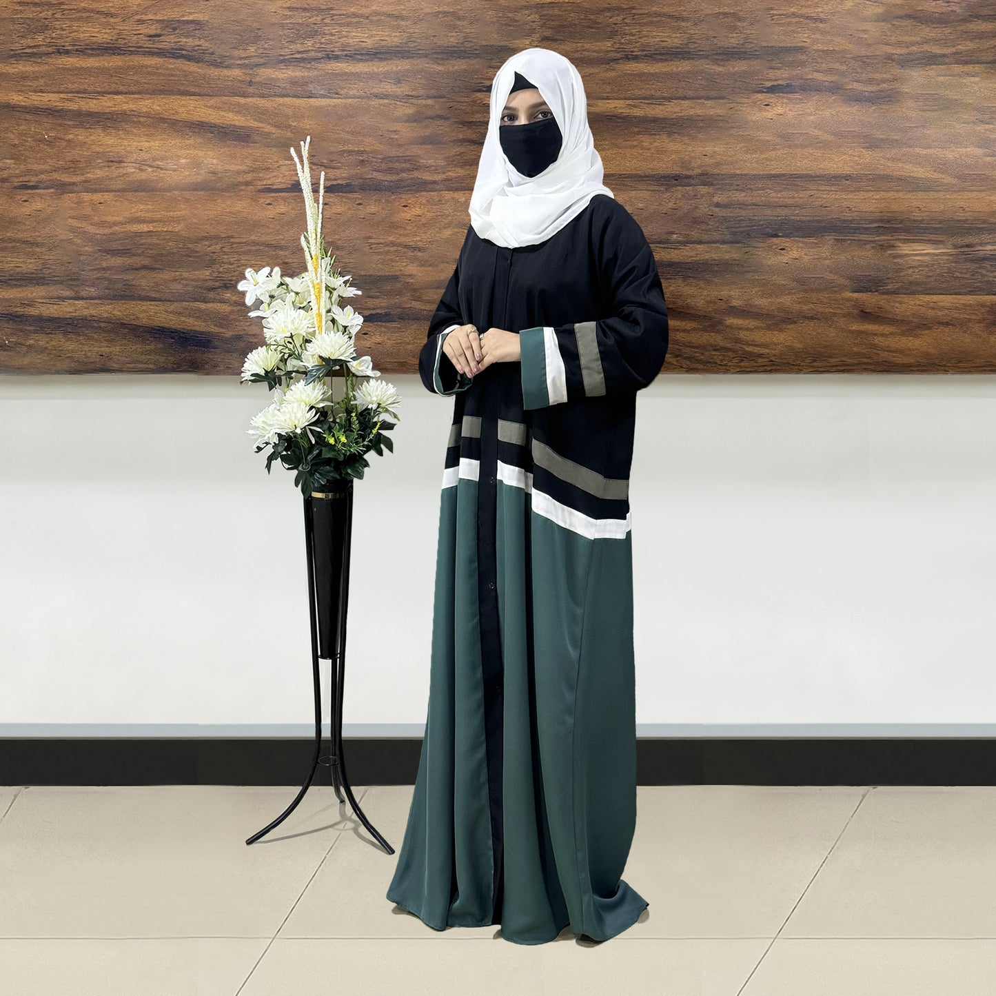 Black and Green Front Open Abaya