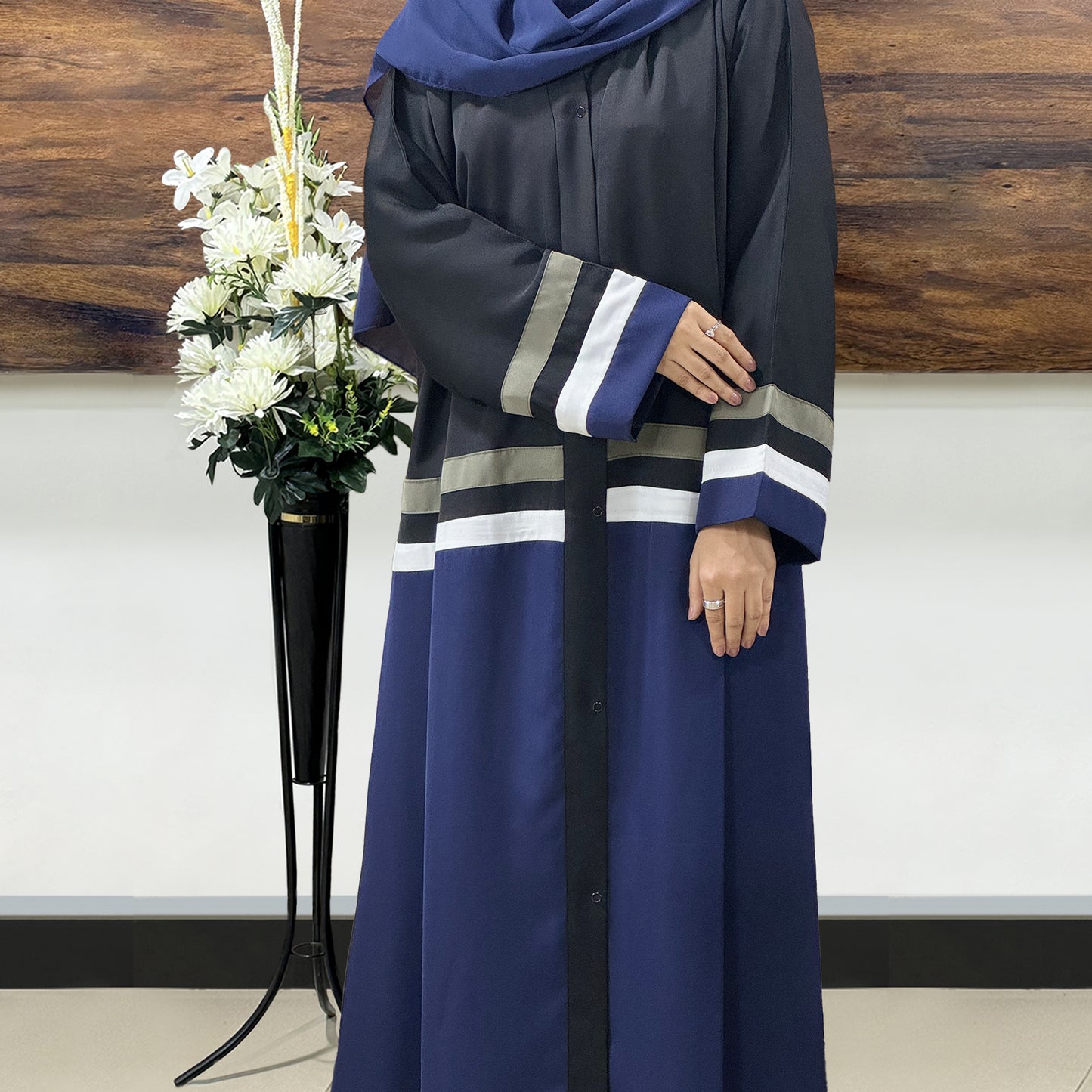 Black and Blue Front Open Abaya