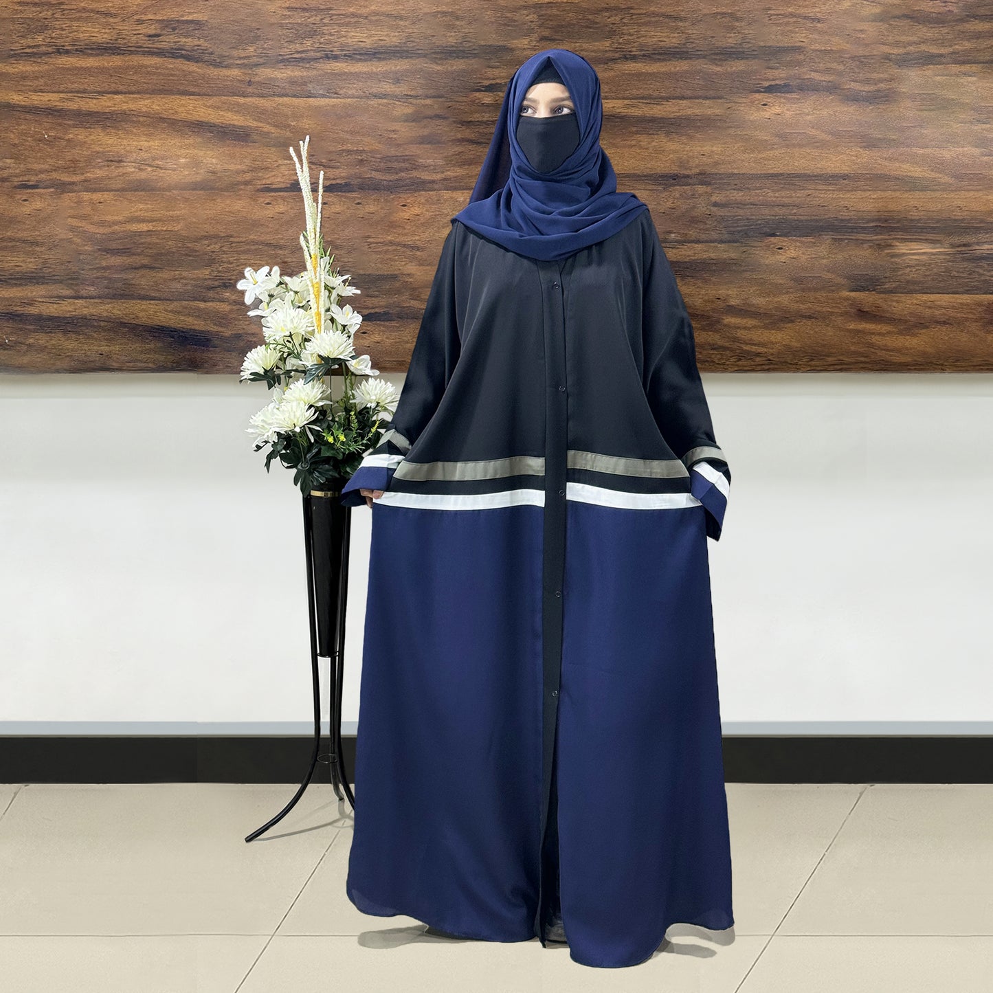 Black and Blue Front Open Abaya