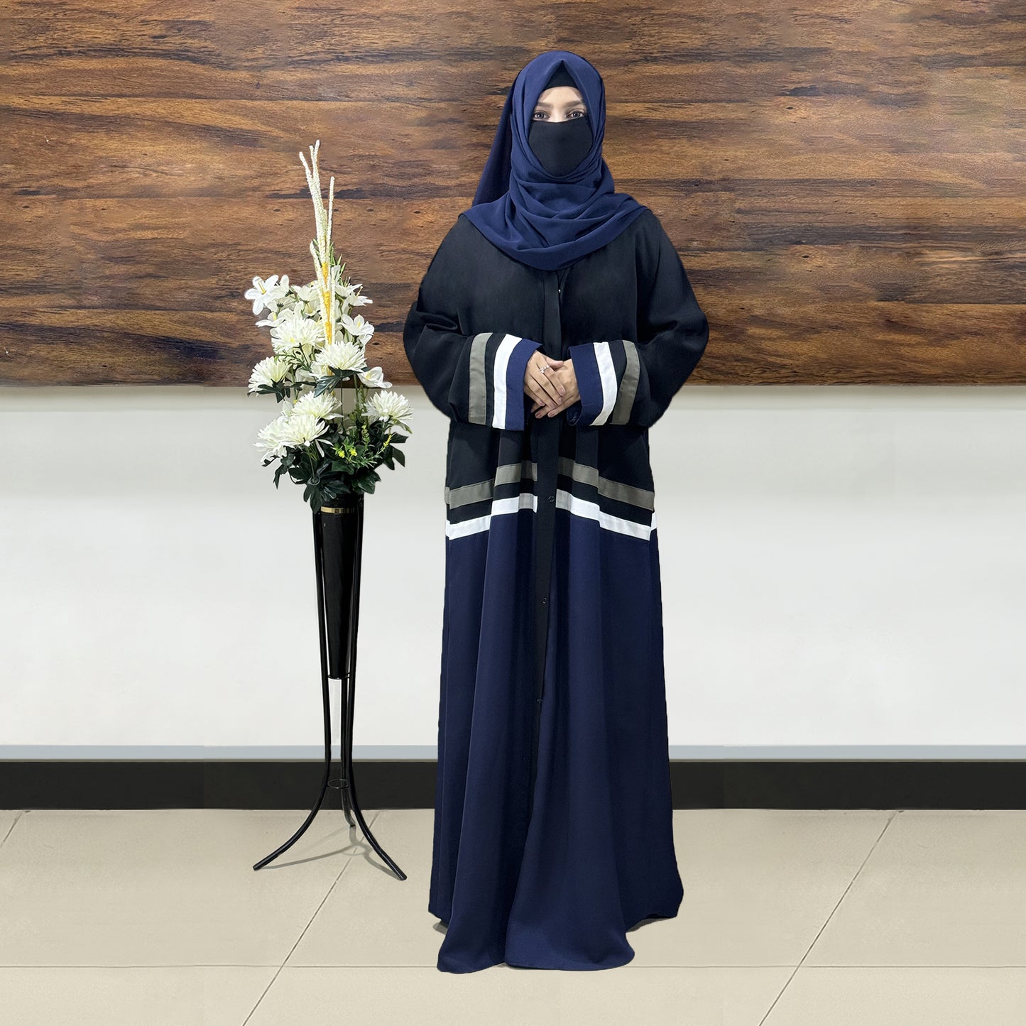 Black and Blue Front Open Abaya